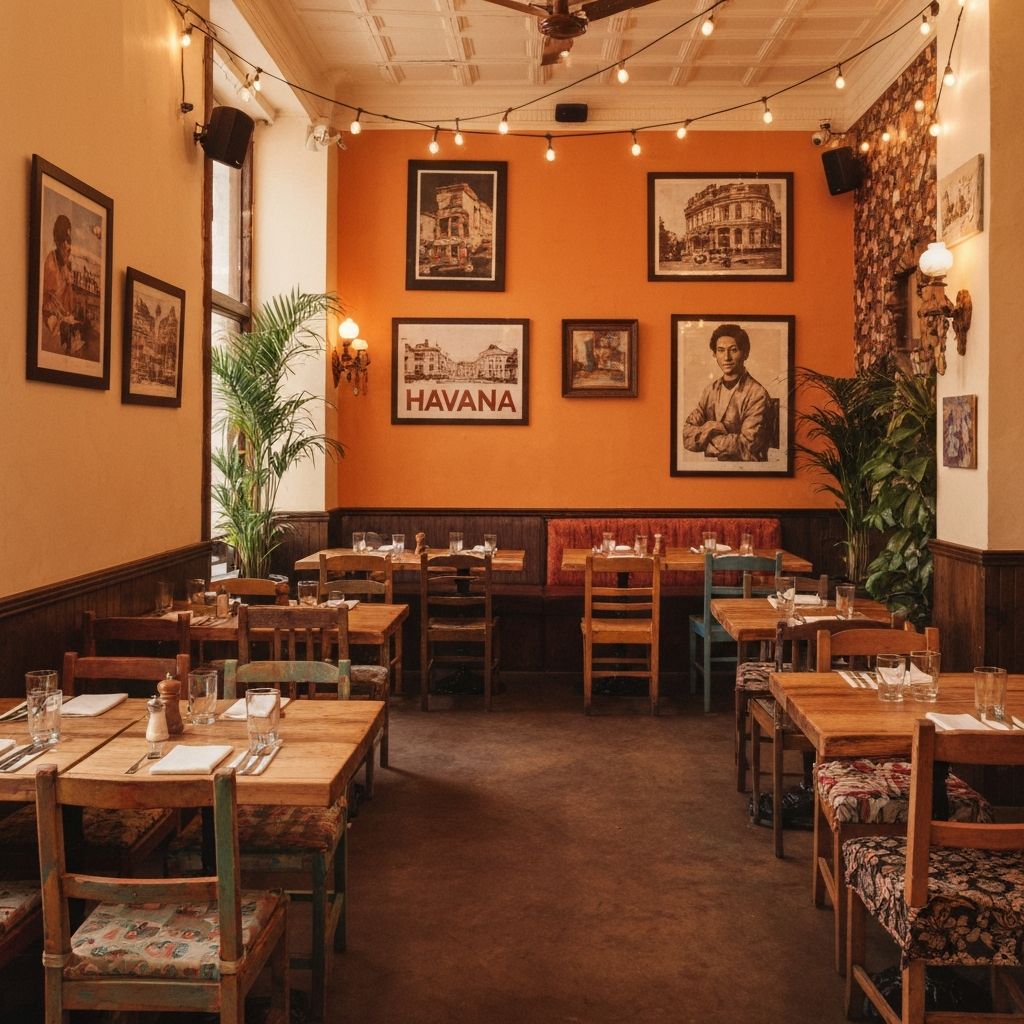 Cosy Cuban Corner dining room with vibrant Havana artwork, colourful chairs and warm string lights