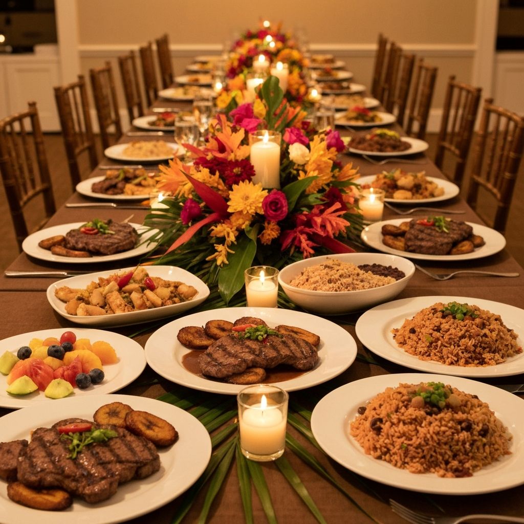 Elegant Latin catering spread for a private event with tropical florals and candles