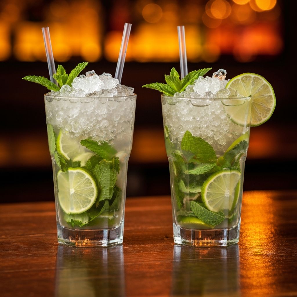 Two classic mojito cocktails with fresh mint and lime on the Cuban Corner bar