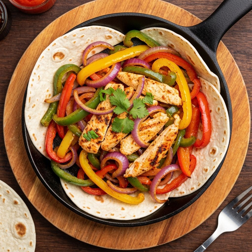 Sizzling cast iron skillet of Cuban fajitas with colourful peppers and grilled chicken